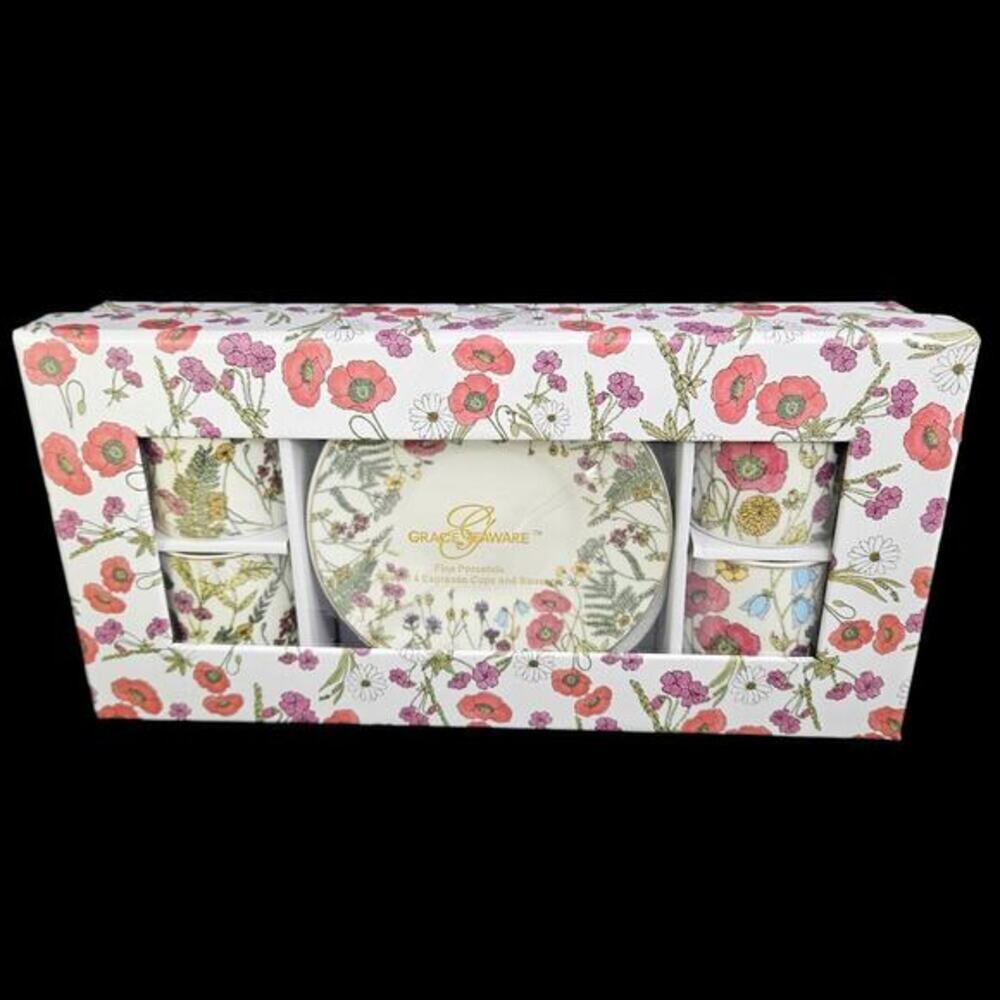 Graces Teaware Espresso Cups Saucers Set 4 Porcelain Floral Gold Trim‎ Boxed New